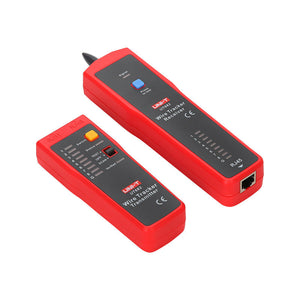 UNI-T UT682 Wire Tracker & Tone Generator – LAN / Telephone / Coax / Electric Wire, Live Wire Tracing, Open/Short Test, Cable Toner and Probe - a red transmitter and receiver set, each with numbered LED indicators, ports, and control switches on a white background.