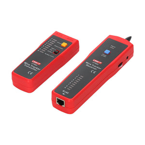 UNI-T UT682 Wire Tracker & Tone Generator – LAN / Telephone / Coax / Electric Wire, Live Wire Tracing, Open/Short Test, Cable Toner and Probe - a red transmitter with a mode switch and RJ11/RJ45 ports beside a red receiver with a test button and RJ45 port.
