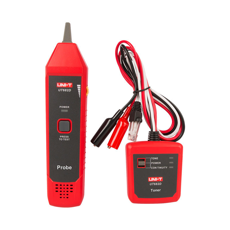 UNI-T UT682D Wire Tracker & Tone Generator – Telephone / Twisted-Pair / Electric Wire, Broken-Wire Tracing, Open/Short & Polarity Test, Cable Toner and Probe - a handheld probe, a toner unit with cables, alligator clips, and an RJ11 connector.