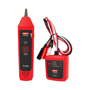 UNI-T UT682D Wire Tracker & Tone Generator – Telephone / Twisted-Pair / Electric Wire, Broken-Wire Tracing, Open/Short & Polarity Test, Cable Toner and Probe - the red handheld probe, the red toner unit with cables, alligator clips, and RJ45 connector.