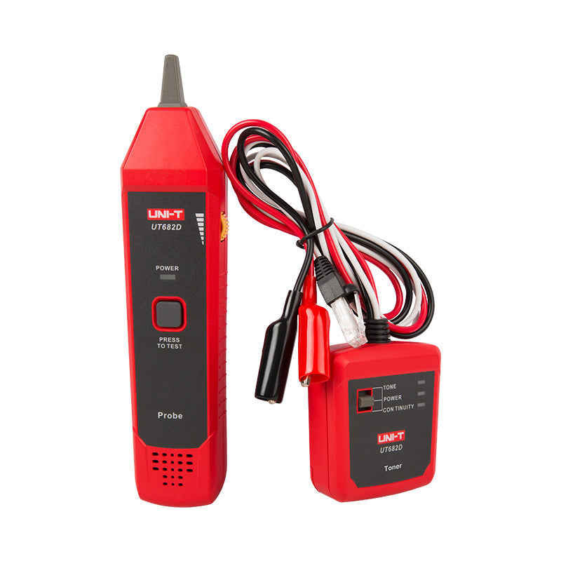 UNI-T UT682D Wire Tracker & Tone Generator – Telephone / Twisted-Pair / Electric Wire, Broken-Wire Tracing, Open/Short & Polarity Test, Cable Toner and Probe - a red probe with a test button and a red transmitter unit with cables, alligator clips, and plugs.