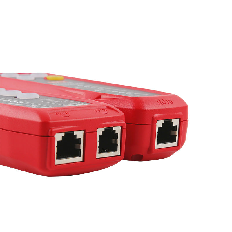 UNI-T UT683KIT Wire Tracker Kit – RJ11/RJ45 Wire Tracing, Port Flashing, NCV, Open/Short & Polarity Test, Rechargeable Cable Toner and Probe - a close-up of the red plastic ports on the ends of the two testing devices, each featuring RJ45 and RJ11 sockets.