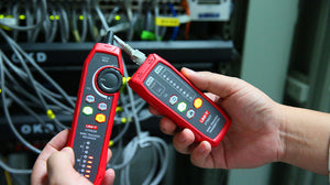 UNI-T UT683KIT Wire Tracker Kit – RJ11/RJ45 Wire Tracing, Port Flashing, NCV, Open/Short & Polarity Test, Rechargeable Cable Toner and Probe - a red receiver and transmitter held in hands, with an RJ45 cable connected and illuminated status LEDs.