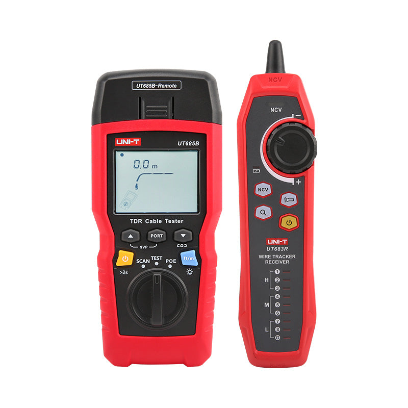 UNI-T UT685B KIT TDR Cable Tester – 500M Length Measurement, POE Detection, Ethernet Port Test, Cable Location, 2.8" LCD, LAN Network Tester - a red and black handheld tester with an LCD screen reading 0.0m next to a red wire tracker receiver.