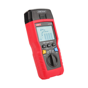 UNI-T UT685B KIT TDR Cable Tester – 500M Length Measurement, POE Detection, Ethernet Port Test, Cable Location, 2.8" LCD, LAN Network Tester - a red and black handheld device with a screen showing 2.4m, a rotary dial, function buttons, and a top port.