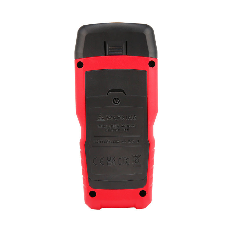 UNI-T UT685B KIT TDR Cable Tester – 500M Length Measurement, POE Detection, Ethernet Port Test, Cable Location, 2.8" LCD, LAN Network Tester - rear view showing the red and black plastic casing, battery compartment cover, and warning label.