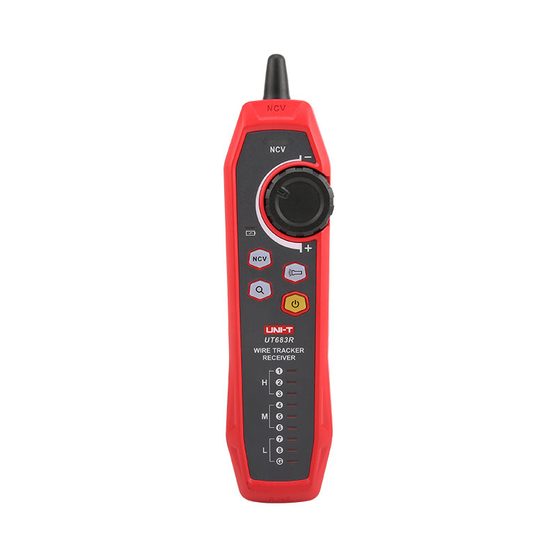UNI-T UT685B KIT TDR Cable Tester – 500M Length Measurement, POE Detection, Ethernet Port Test, Cable Location, 2.8" LCD, LAN Network Tester - UNI-T UT683R Wire Tracker Receiver, a red handheld device with a black rotary sensitivity knob, NCV button, flashlight, power button, and LED indicators.