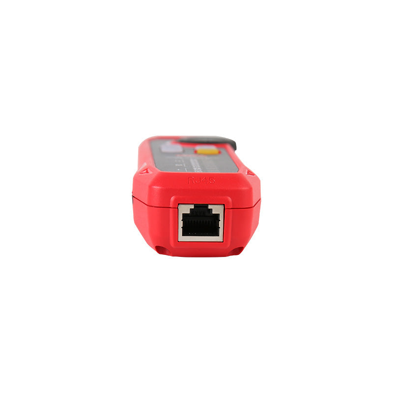 UNI-T UT685B KIT TDR Cable Tester – 500M Length Measurement, POE Detection, Ethernet Port Test, Cable Location, 2.8" LCD, LAN Network Tester - a close-up view of the red handheld device showing the RJ45 port and the top control panel.