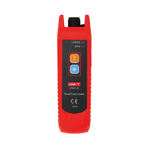 UNI-T UT691-10 Visual Fault Locator – 10mW Red Laser, 8–10km Range, 650nm, 2.5mm FC Connector, Continuous/Pulse, Rechargeable Fiber Optic VFL Pen - handheld device with two buttons, a top connector, and labels for LASER and APO indicators.