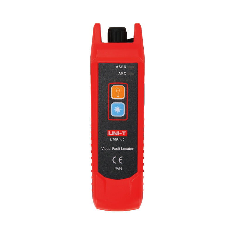 UNI-T UT691-10 Visual Fault Locator – 10mW Red Laser, 8–10km Range, 650nm, 2.5mm FC Connector, Continuous/Pulse, Rechargeable Fiber Optic VFL Pen - handheld device with two buttons, a top connector, and labels for LASER and APO indicators.
