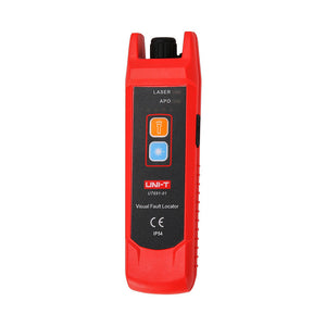 UNI-T UT691-10 Visual Fault Locator – 10mW Red Laser, 8–10km Range, 650nm, 2.5mm FC Connector, Continuous/Pulse, Rechargeable Fiber Optic VFL Pen - handheld device with two front buttons, a top connector, and labels for LASER, APO, CE, and IP54.