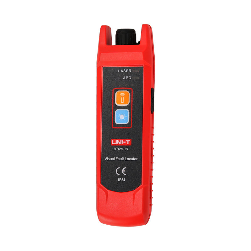 UNI-T UT691-10 Visual Fault Locator – 10mW Red Laser, 8–10km Range, 650nm, 2.5mm FC Connector, Continuous/Pulse, Rechargeable Fiber Optic VFL Pen - handheld device with two front buttons, a top connector, and labels for LASER, APO, CE, and IP54.