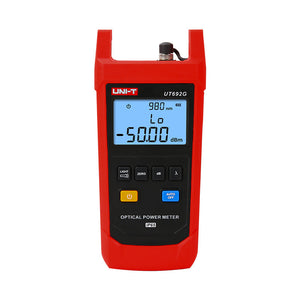 UNI-T UT692G High-Power Optical Power Meter – -50~+26DBM, 800–1700nm, FC/SC/ST, InGaAs, ±5%, IP65, Fiber Optic Power Meter - red protective casing, featuring a backlit display showing 980nm and -50.00 dBm, with front control buttons.