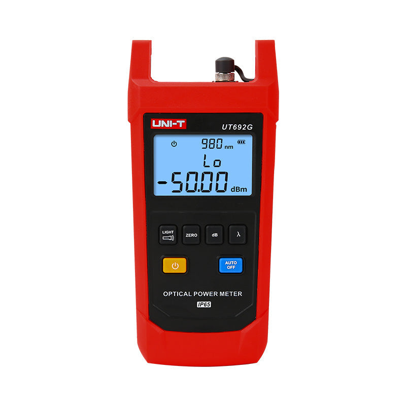 UNI-T UT692G High-Power Optical Power Meter – -50~+26DBM, 800–1700nm, FC/SC/ST, InGaAs, ±5%, IP65, Fiber Optic Power Meter - red protective casing, featuring a backlit display showing 980nm and -50.00 dBm, with front control buttons.