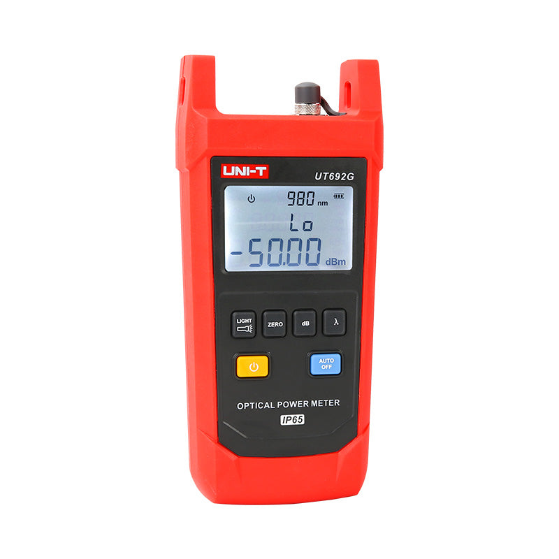 UNI-T UT692G High-Power Optical Power Meter – -50~+26DBM, 800–1700nm, FC/SC/ST, InGaAs, ±5%, IP65, Fiber Optic Power Meter - a red handheld device with a digital display showing 980 nm and -50.00 dBm, featuring control buttons and a top port.