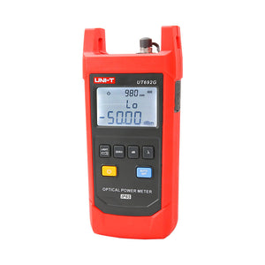 UNI-T UT692G High-Power Optical Power Meter – -50~+26DBM, 800–1700nm, FC/SC/ST, InGaAs, ±5%, IP65, Fiber Optic Power Meter - a digital display reading 980 nm and -50.00 dBm, with control buttons and a top connector port.