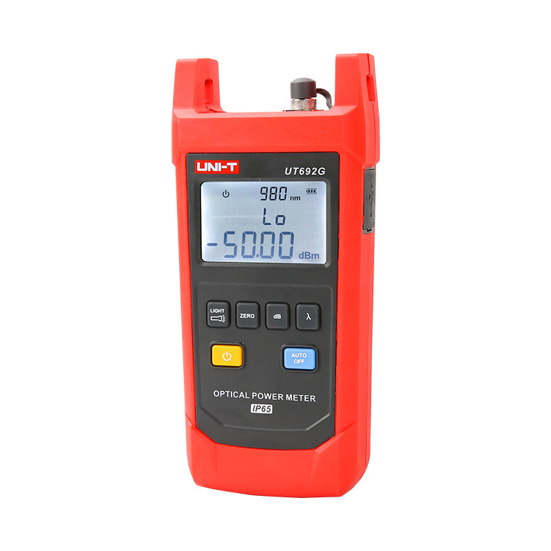 UNI-T UT692G High-Power Optical Power Meter – -50~+26DBM, 800–1700nm, FC/SC/ST, InGaAs, ±5%, IP65, Fiber Optic Power Meter - a digital display reading 980 nm and -50.00 dBm, with control buttons and a top connector port.