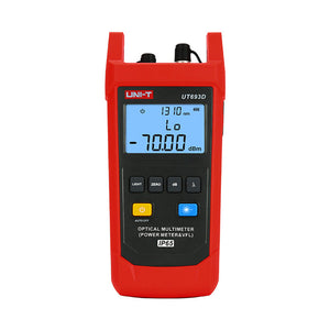 UNI-T UT693D Optical Multimeter – Fiber Power Meter (-70~10DBM, 800–1700nm) + 10mW VFL, FC/SC/ST, InGaAs, IP65, Optical Power Meter & Fault Locator - a red handheld optical multimeter showing a digital display with 1310 nm, Lo, and -70.00 dBm, with buttons and top ports visible.