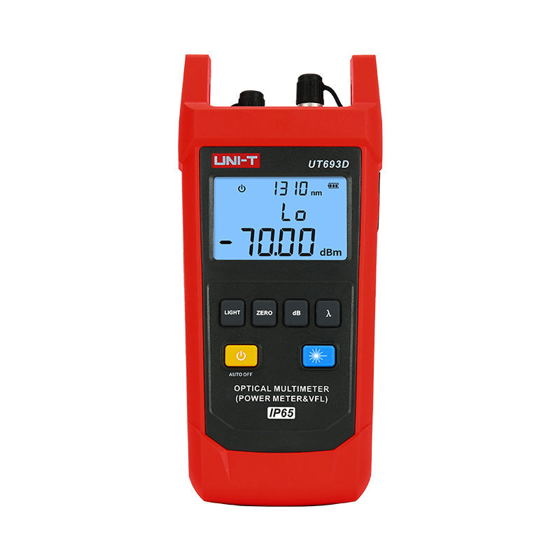 UNI-T UT693D Optical Multimeter – Fiber Power Meter (-70~10DBM, 800–1700nm) + 10mW VFL, FC/SC/ST, InGaAs, IP65, Optical Power Meter & Fault Locator - a red handheld optical multimeter showing a digital display with 1310 nm, Lo, and -70.00 dBm, with buttons and top ports visible.