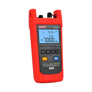 UNI-T UT693D Optical Multimeter – Fiber Power Meter (-70~10DBM, 800–1700nm) + 10mW VFL, FC/SC/ST, InGaAs, IP65, Optical Power Meter & Fault Locator - a red handheld device with a digital display showing 1310 nm and -70.00 dBm, buttons, and top connector ports.