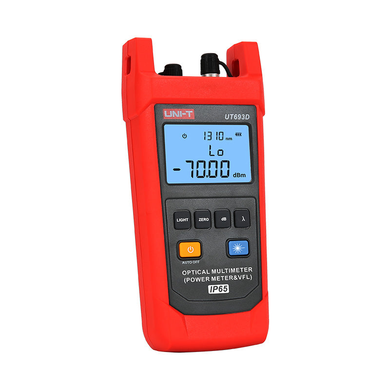 UNI-T UT693D Optical Multimeter – Fiber Power Meter (-70~10DBM, 800–1700nm) + 10mW VFL, FC/SC/ST, InGaAs, IP65, Optical Power Meter & Fault Locator - a red handheld device with a digital display showing 1310 nm and -70.00 dBm, buttons, and top connector ports.