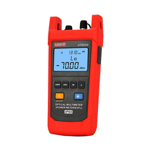 UNI-T UT693D Optical Multimeter – Fiber Power Meter (-70~10DBM, 800–1700nm) + 10mW VFL, FC/SC/ST, InGaAs, IP65, Optical Power Meter & Fault Locator - a red handheld device with a blue-lit display showing 1310 nm and -70.00 dBm, featuring buttons and top ports.