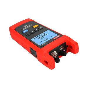 UNI-T UT693D Optical Multimeter – Fiber Power Meter (-70~10DBM, 800–1700nm) + 10mW VFL, FC/SC/ST, InGaAs, IP65, Optical Power Meter & Fault Locator - red casing, showing a digital display reading -70.00 dBm and 1310 nm, with two ports and buttons on the top.