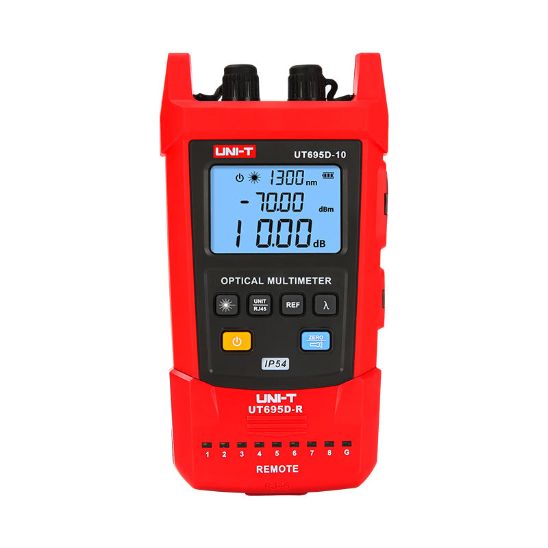 UNI-T UT695D-10 Optical Multimeter – Fiber Power Meter (-70~3dBm, 800–1700nm) + 10mW VFL + LAN Cable Test + Flashlight, FC/SC/ST, Rechargeable - a digital display reading 1300nm, -70.00 dBm, and 0.00 dB, with control buttons and RJ45 indicators.