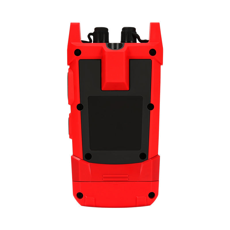 UNI-T UT695D-10 Optical Multimeter – Fiber Power Meter (-70~3dBm, 800–1700nm) + 10mW VFL + LAN Cable Test + Flashlight, FC/SC/ST, Rechargeable - the back view of the red and black handheld device with a blank screen and two top ports.