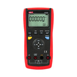 UNI-T UT701 Single-Function Temperature Calibrator – Thermocouple (J/K/T/E/R/S/B/N/W) & RTD Source, mV / Resistance, Ramp & Step - red and black handheld case with a digital display showing 000.000 mV, function buttons, and four input ports.