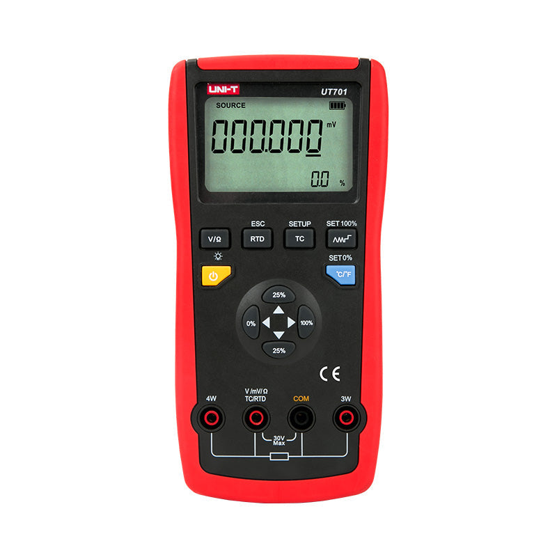 UNI-T UT701 Single-Function Temperature Calibrator – Thermocouple (J/K/T/E/R/S/B/N/W) & RTD Source, mV / Resistance, Ramp & Step - red and black handheld case with a digital display showing 000.000 mV, function buttons, and four input ports.