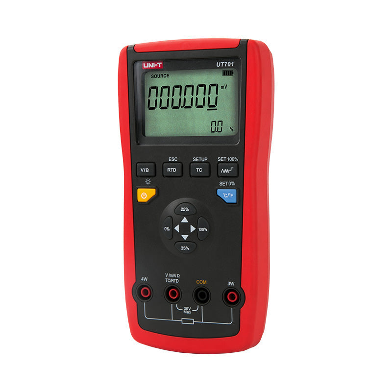 UNI-T UT701 Single-Function Temperature Calibrator – Thermocouple (J/K/T/E/R/S/B/N/W) & RTD Source, mV / Resistance, Ramp & Step - a red, handheld device with a digital display showing 000.000 mV, control buttons, and four input ports at the base.