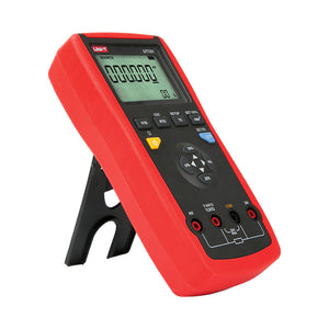 UNI-T UT701 Single-Function Temperature Calibrator – Thermocouple (J/K/T/E/R/S/B/N/W) & RTD Source, mV / Resistance, Ramp & Step - shown at an angle on a stand with a digital display, function buttons, and four input ports at the base.