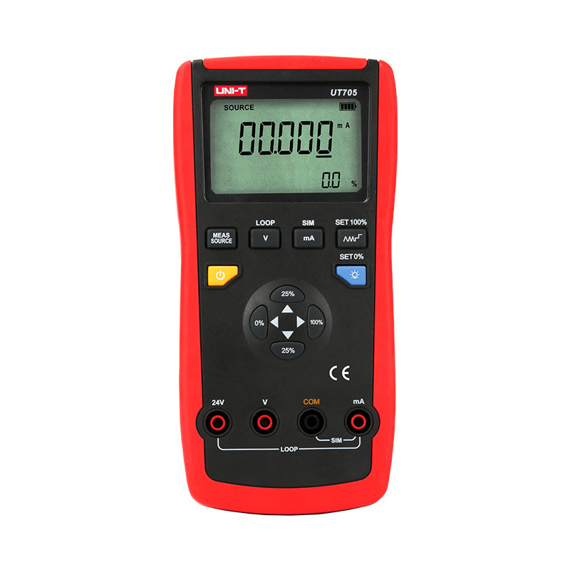 UNI-T UT705 Single-Function Loop Calibrator – 24 mA Source/Simulate, DC V/mA Measure, 24 V Loop Power, Ramp & Step - a red and black handheld device with a digital display showing 00.000 mA, control buttons, and four input ports at the base.