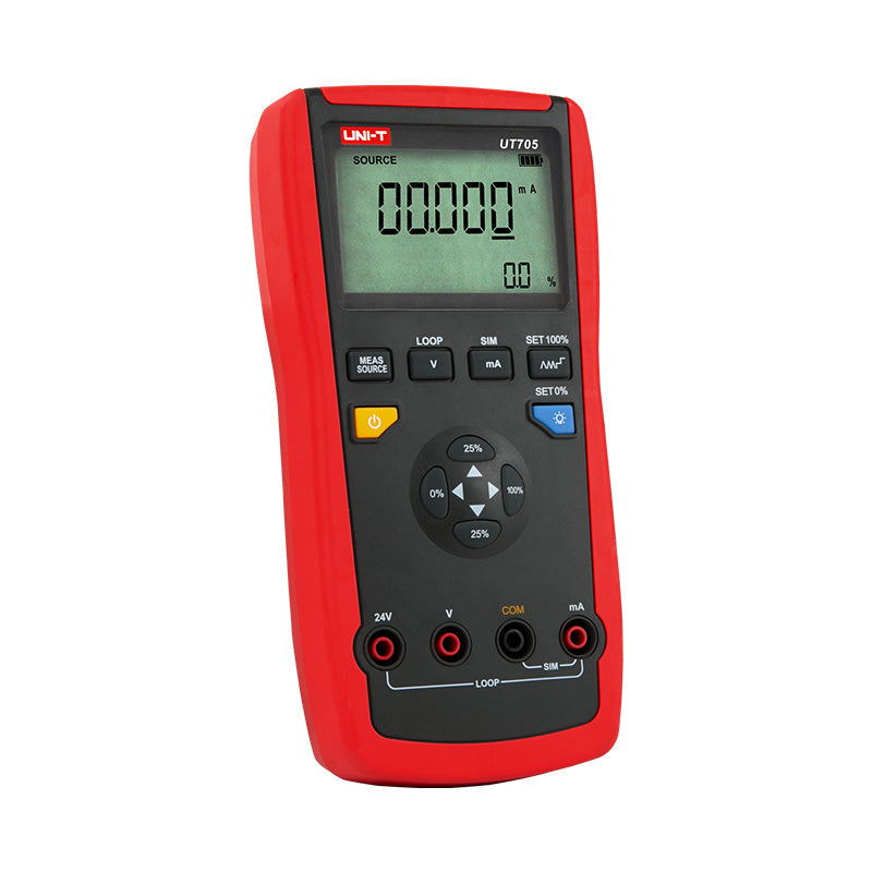 UNI-T UT705 Single-Function Loop Calibrator – 24 mA Source/Simulate, DC V/mA Measure, 24 V Loop Power, Ramp & Step - red and black handheld case with a digital display showing 00.000 mA, control buttons, and four input ports at the base.