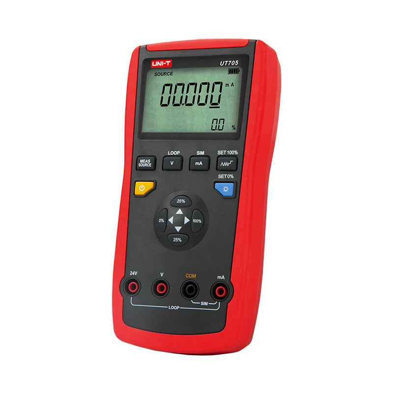 UNI-T UT705 Single-Function Loop Calibrator – 24 mA Source/Simulate, DC V/mA Measure, 24 V Loop Power, Ramp & Step - red and black handheld case with a digital display reading 00.000 mA, control buttons, and four input ports at the base.