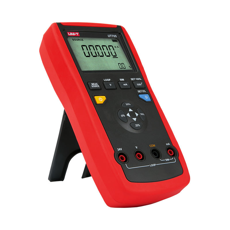 UNI-T UT705 Single-Function Loop Calibrator – 24 mA Source/Simulate, DC V/mA Measure, 24 V Loop Power, Ramp & Step - a red handheld device with a digital display showing 00.000 mA, function buttons, and four input ports at the base.