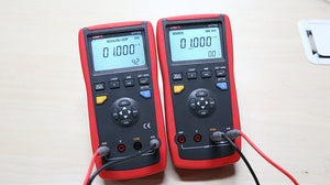 UNI-T UT705 Single-Function Loop Calibrator – 24 mA Source/Simulate, DC V/mA Measure, 24 V Loop Power, Ramp & Step - two red and black handheld devices with digital displays showing 1.000 mA, function buttons, and connected test leads.
