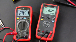 UNI-T UT705 Single-Function Loop Calibrator – 24 mA Source/Simulate, DC V/mA Measure, 24 V Loop Power, Ramp & Step - next to a UNI-T UT890D+ multimeter, both red handheld devices with screens displaying 24.500 and 24.51 respectively.