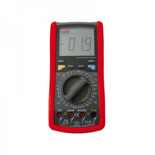 UNI-T UT70A Multi-Function Digital Multimeter – 2000 Count, AC/DC 1000V, 10A, Inductance to 20H, Capacitance to 100µF, 10MHz Frequency, K-Type Temperature to 1000°C, hFE & TTL Logic - a red handheld device with a central rotary dial, various buttons, input ports, and a screen displaying -01.9.