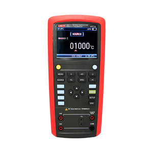 UNI-T UT714 Multifunction Temperature Process Calibrator – Thermocouple, RTD, mV, Resistance Source &amp; Measure, 20000 Count - a red and black handheld device with a digital display showing 01000°C, buttons, and input ports.