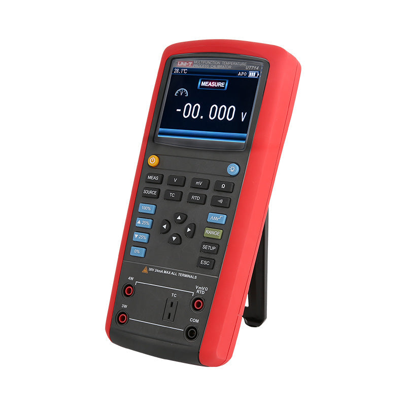 UNI-T UT714 Multifunction Temperature Process Calibrator – Thermocouple, RTD, mV, Resistance Source &amp; Measure, 20000 Count - with a digital display showing -00.000 V, function buttons, and input terminals.