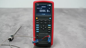 UNI-T UT714 Multifunction Temperature Process Calibrator – Thermocouple, RTD, mV, Resistance Source &amp; Measure, 20000 Count - with a red and black handheld body, displaying 44.9°C and 117.43Ω, connected to a sensor probe.