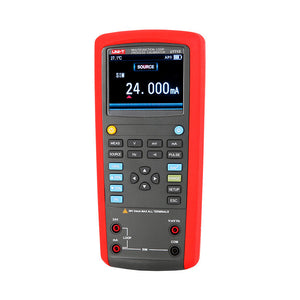 UNI-T UT715 Multifunction Loop Process Calibrator – 24mA / 24V DC, Frequency, Pulse, 24V Loop Power, 20000 Count - a red and grey handheld device showing a digital display reading 24.000mA with buttons and ports.