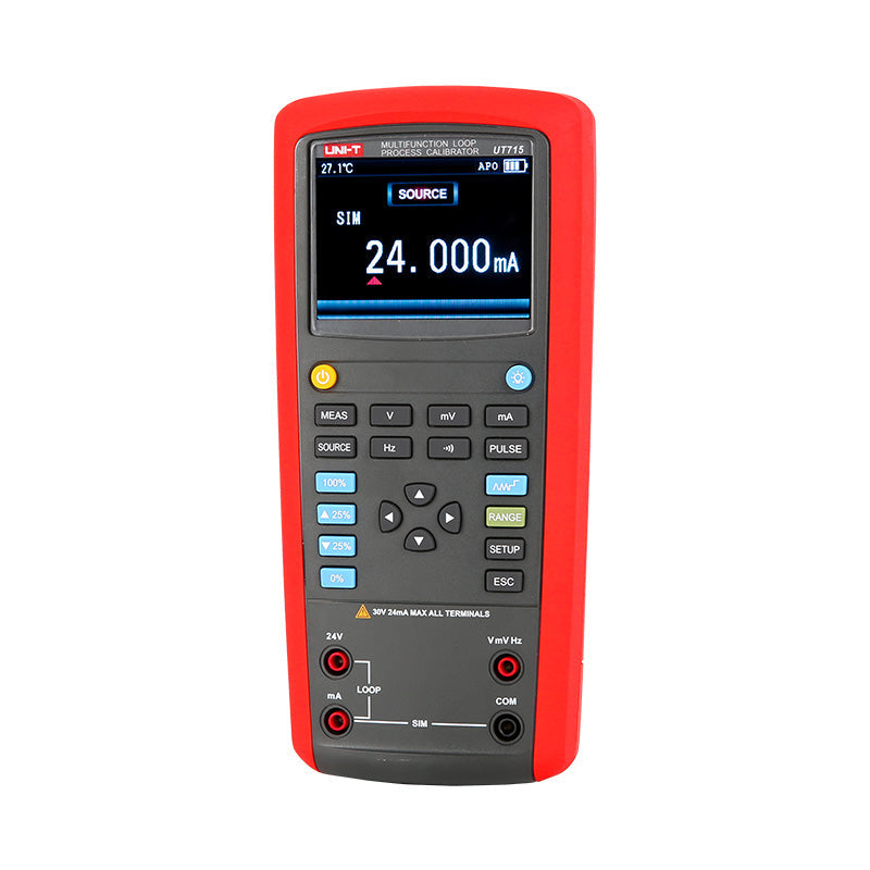UNI-T UT715 Multifunction Loop Process Calibrator – 24mA / 24V DC, Frequency, Pulse, 24V Loop Power, 20000 Count - a red and grey handheld device showing a digital display reading 24.000mA with buttons and ports.
