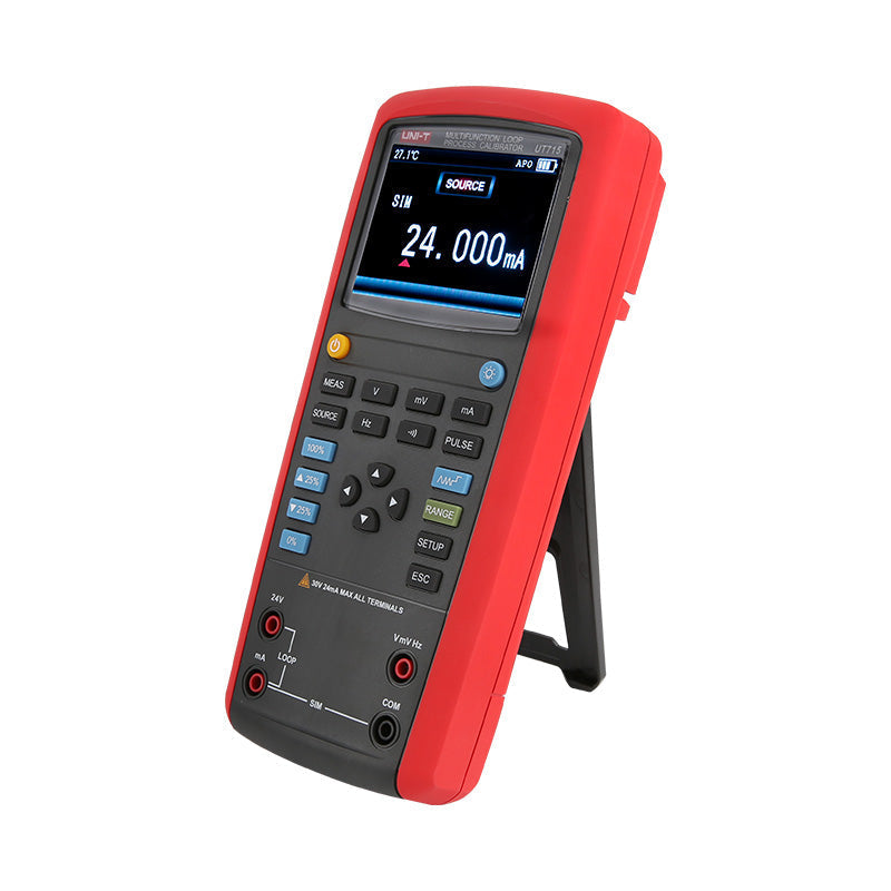 UNI-T UT715 Multifunction Loop Process Calibrator – 24mA / 24V DC, Frequency, Pulse, 24V Loop Power, 20000 Count - with a stand, showing a digital screen reading 24.000mA, buttons, and input ports.