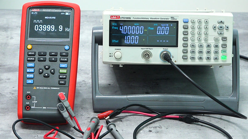 UNI-T UT715 Multifunction Loop Process Calibrator – 24mA / 24V DC, Frequency, Pulse, 24V Loop Power, 20000 Count - connected to a waveform generator, showing 03999.9 Hz on its digital display.