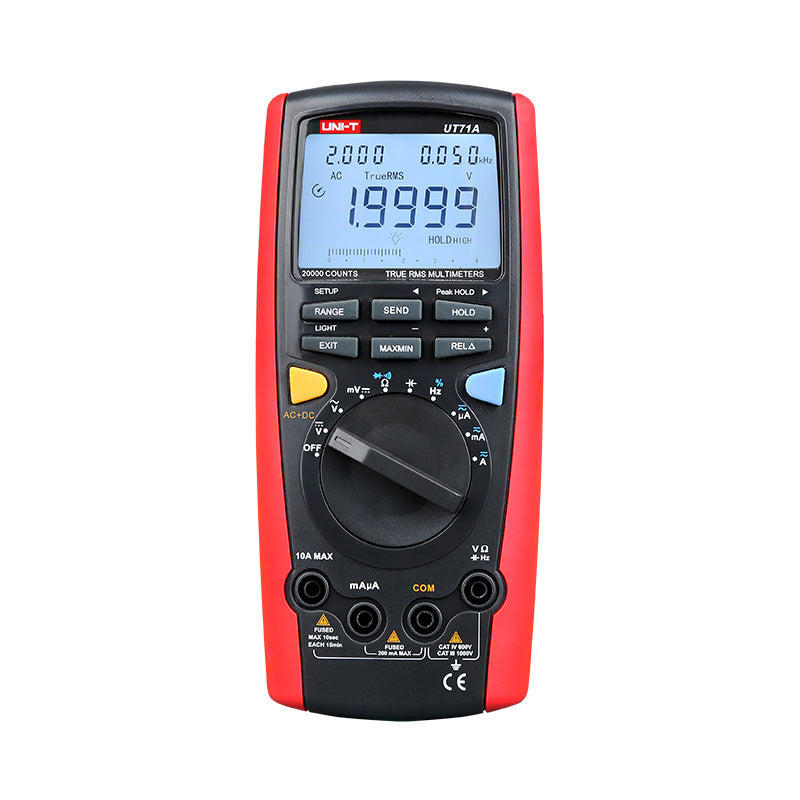 UNI-T UT71A Intelligent True RMS Digital Multimeter – 20000 Count, AC/DC 1000V, 10A, Capacitance, 200MHz Frequency, Temperature, USB & Bluetooth, PC Software - a black and red handheld device with a central rotary dial, function buttons, input ports, and a screen showing 1.9999.