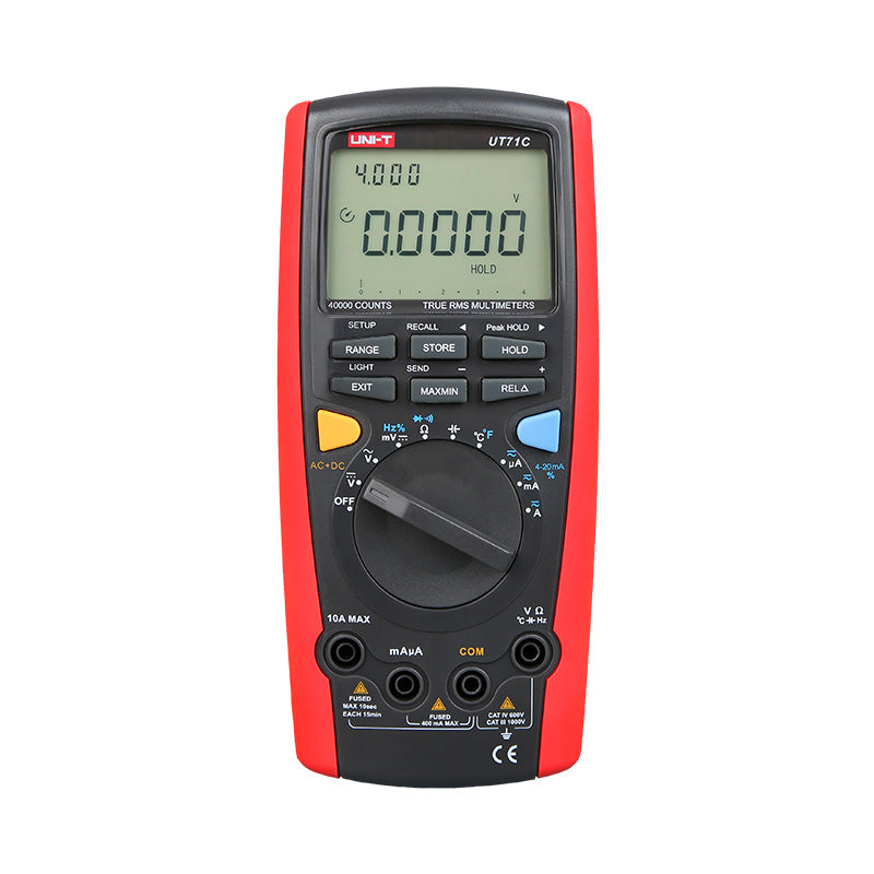 UNI-T UT71C High-Precision Intelligent True RMS Digital Multimeter – 40000 Count, AC/DC 1000V, 0.025% Accuracy, 400MHz, Temperature, USB & Bluetooth - red and black, showing the front display reading 0.0000 V, a central rotary dial, function buttons, and input ports.