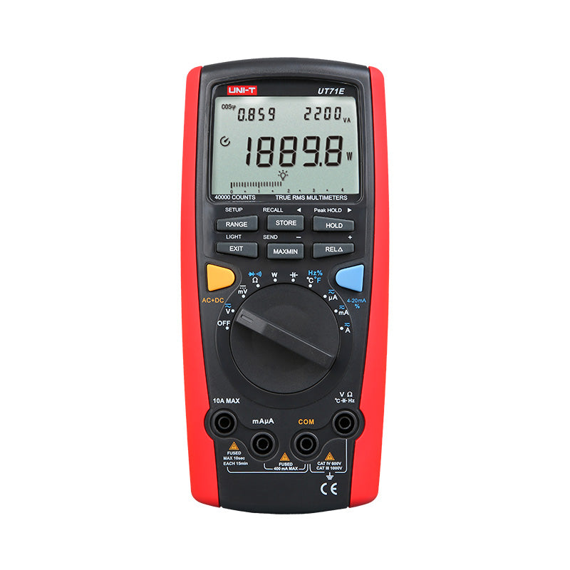 UNI-T UT71E High-Precision Intelligent True RMS Digital Multimeter – 40000 Count, AC/DC 1000V, 0.025% Accuracy, 400MHz, Temperature, USB, Bluetooth & Power Adapter - a red and black handheld device showing a screen with 1889.8W, 2200VA, and 0.859 power factor, plus buttons and ports.